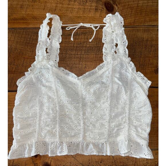 Womens Urban Outfitters White Kya Ruffled Eyelet Cropped Top Size Large - Picture 1 of 6